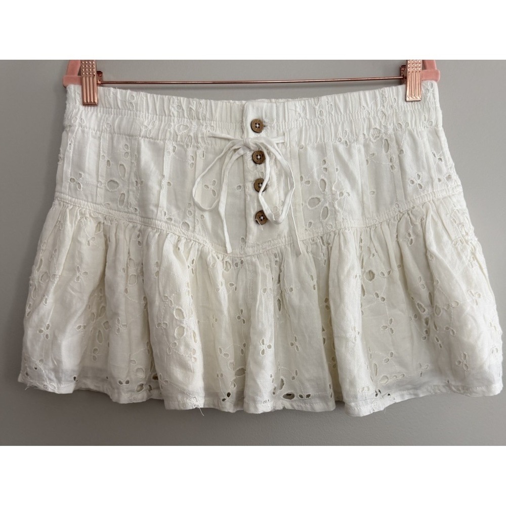 Free People Roselle Eyelet Mini Skirt Ivory Button Front Drawstring Women's Med